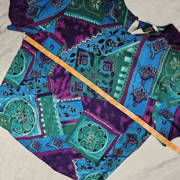 Abstract 90's Teal Purple Large Vintage Multicolor Top Shouler Pads Boxy Cropped - Picture 2 of 8